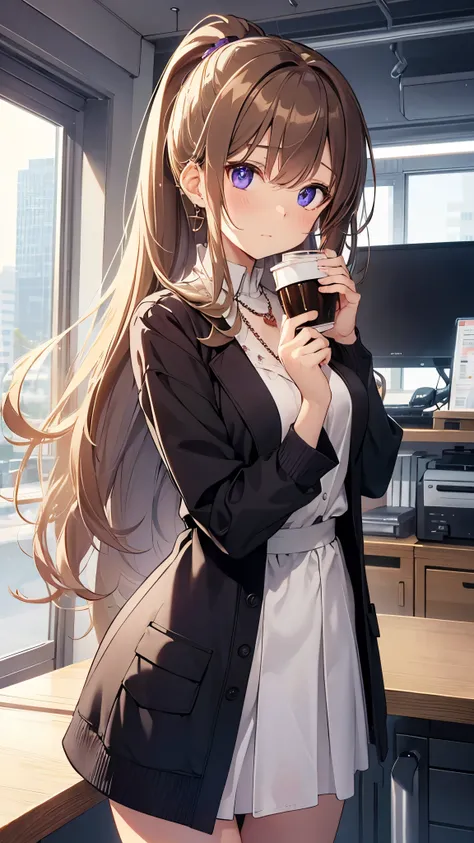 coffeecupを持っている長い髪のアニメの女の子 ((  Masterpiece )), (( best quality)), ( very detailed), ((cute)), cute, ( nice), (( sexy)), (device), (( very detailed)), 4K, (8k),  best quality, (beautiful),  anime style,  upper body,  focus on the face, Whole body focus,  of...