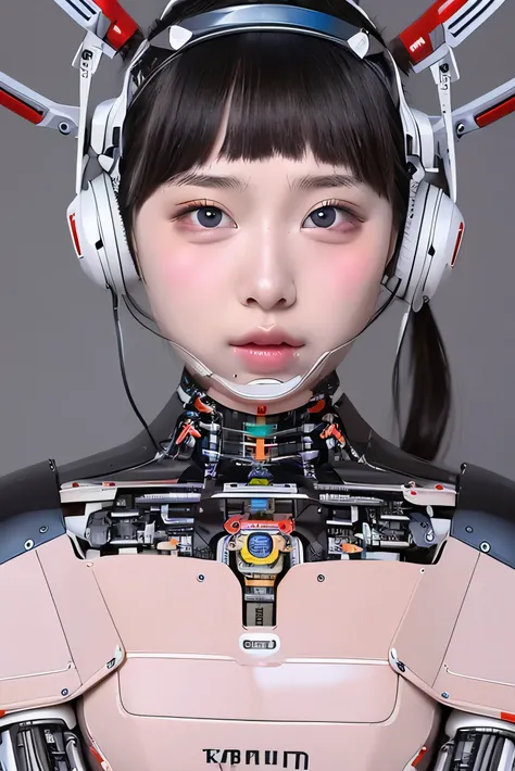 masterpiece, best quality, extremely detailed,portrait,front view,Japaese android girl,Plump, control panels,android,Droid,Mechanical Hand, Robot arms and legs,Blunt bangs,long tube,thick cable connected her neck