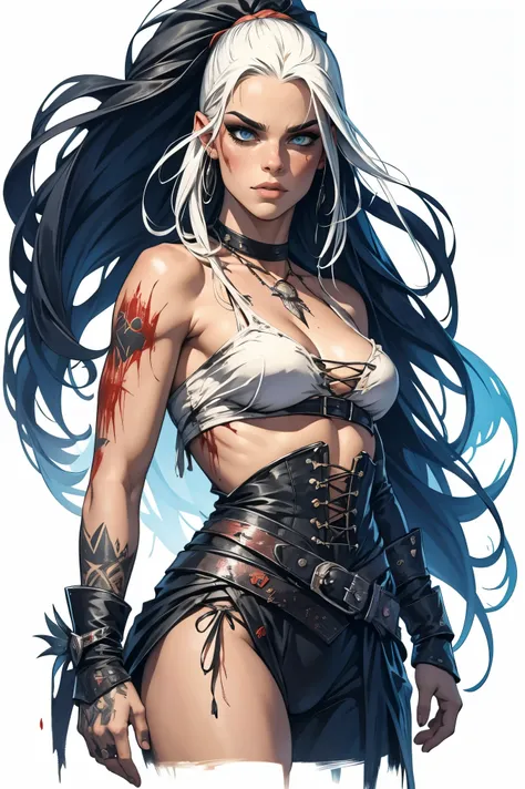 Billie Eilish as a sorceress, small breasts, covered in blood, highly detailed cinematic illustration, black outlining, full color illustration, vivid colors, masterpiece, 8k, ultra-detailed, physically-based rendering, photorealistic, white background