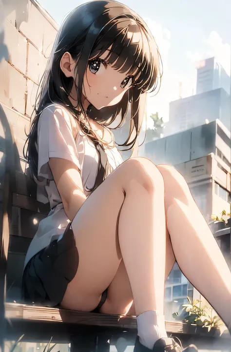  girl sitting outside a fence on the roof of a skyscraper throwing her legs in the air　  white shirt　  Light Blue Skirt 　sunset　   girl sitting outside the fence on the roof of a skyscraper throwing her foot over a brick cityscape 　 best quality　girl playi...