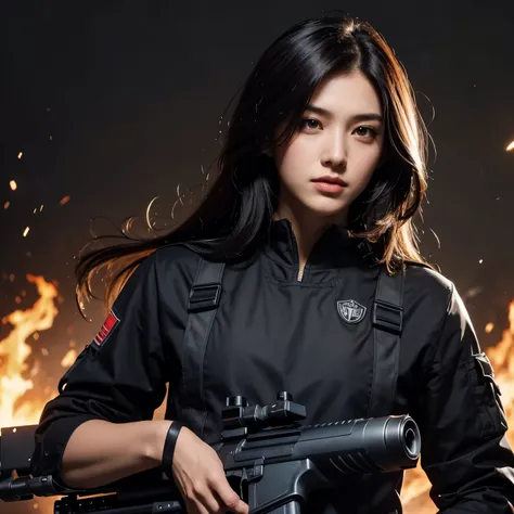 Beautiful face, black long hair, handsome face,short hair,holding a machine gun,look at front,background fire wolf