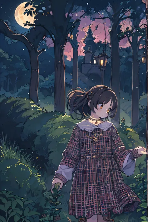 A dark-haired girl walking through a castle garden on a full moon night