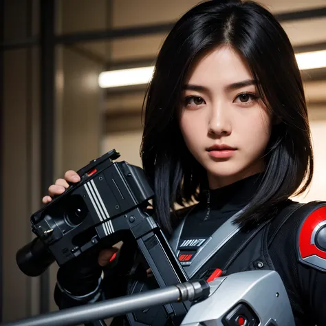 Beautiful face, black long hair,and handsome face,short hair,holding a machine gun,look at front,background ultraman