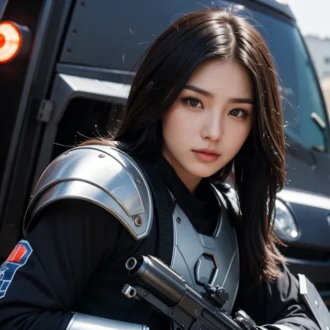 Beautiful face, black long hair,and handsome face,short hair,holding a machine gun,look at front,background ultraman