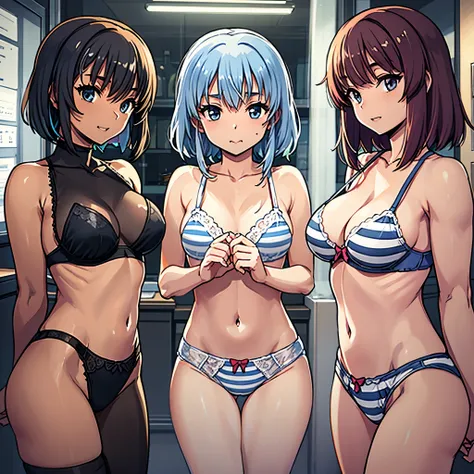  anime style,    5 high school students standing side by side   ,  everyone is surrounding me  、 naked girls、 plaid pink underwear  ,   plaid pink bra  ,  Light blue striped underwear,   light blue striped bra  ,   white lace lingerie ,   White Lace Bra  ,...