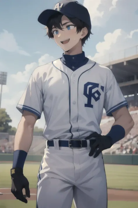  Masterpiece , best quality,1 male,male focus,Alone,belt, blue eyes,Gloves,sweat,wipe,smile,sportswear,Baseball cap,white pants,pants, baseball uniform , shorthair,null, shirt,practice ,Look diagonally upwards, black hair,blue null,day,black belt,Short sle...