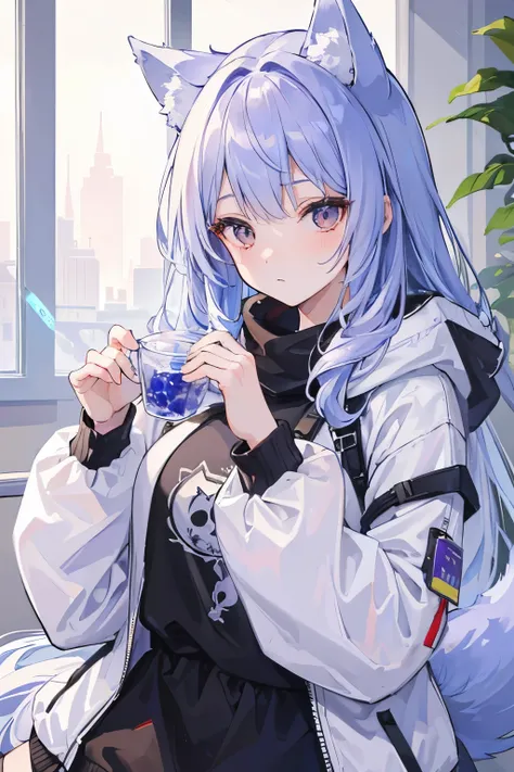 (( best quality)), (( high image quality)), ((masterpiece)), ( Details),  1 girl , Ice lavender hair,Wolf ears and tail, Brown Eyes,  long hair, Around town,  hoodies 