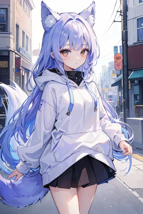 (( best quality)), (( high image quality)), ((masterpiece)), ( Details),  1 girl , Ice lavender hair,Wolf ears and tail, Brown Eyes,  long hair, Around town,  hoodies 