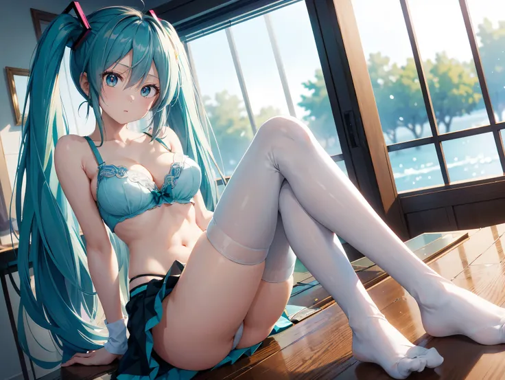 (( best quality)), ( high definition ), (( very detailed))、(masterpiece)、Hatsune Miku with disheveled, mature hair、Im wearing a cute bra and cute panties、(Im wearing knee-high stockings)、(Sitting with crotch open at the table)、Cute nipple shape、(Hair messe...