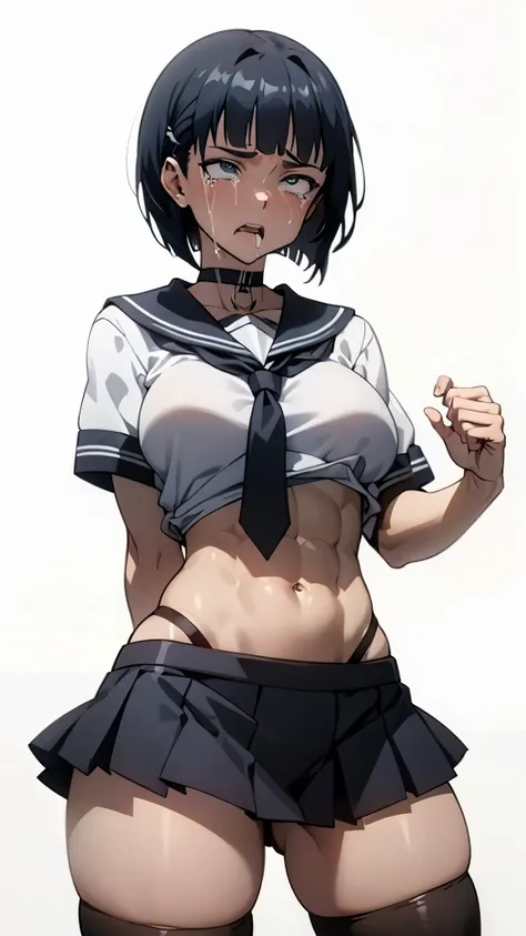 anime,EFT_Sao_Sis,(rolling eyes:1.5,angry face:1.5,crying:1.3,out tongue),(cowboy shot),(black bob cut,straight bang:1.3), (choker, short-sleeved sailor blouse,gray sailor collar,croptop,gray sailor necktie,low-rise micro pleated skirt,black thighhigh stoc...