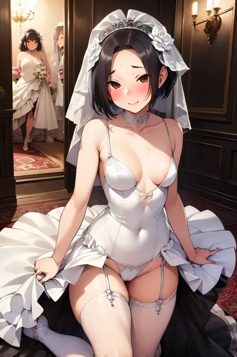 NSFW,masterpiece, best quality, high definition , very detailed,Ah-rinko 、 shorthair、 black hair、 bob cut 、( wedding dress :1.5), Garter Straps ,Luxurious mansion, chandeliers ,Embarrassed,blush,( slave:1.5)