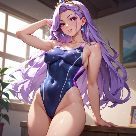 NSFW　 adult 　 Cure Fontaine  　  Very Long Hair  、（ competitive swimsuit　  nipples are transparent）　 purple eyes、Light purple hair、gem、  earrings for one woman 、Tiara medium breasts 　 cute eyes from the right　An inviting smile　 pool side　whole body　 standin...