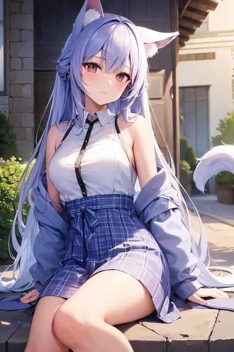 (( best quality)), (( high image quality)), ((masterpiece)), ( Details),  1 girl , Ice lavender hair,Wolf ears and tail, Brown Eyes,  long hair, Around town,  hoodies 