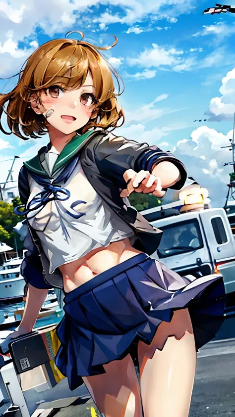 8k high resolution ( super detailed), masterpiece, ( best quality)　 anime illustration　 detailed eyes on board,  detailed face 　 detailed hands 　Fine hair　 very elaborate body、 fine skin 　solo　 fleet this kushon_Hazy　OboroKC ,  shorthair,  skirt,  school u...