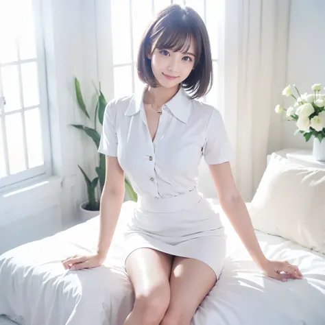 (Highest quality、masterpiece:1.9)、((Neat and clean female college student、1 person))、Soft lighting by a professional photographer、Natural light、((Very spacious white luxurious room:1.6))、((Bright white room:1.6))、(Sitting on a very luxurious white bed:1.2)...