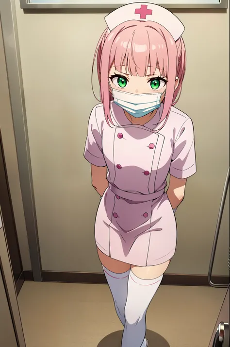 1boy, solo, male focus, nurse, white nurse cap, white nurse uniform, ((white legwear, zettai ryouiki)), white gloves, blunt bangs, pink hair, green eyes, drooping eyes, ((white surgical mask, covered nose)), standing, ((hospital room)), sharp outline, shor...