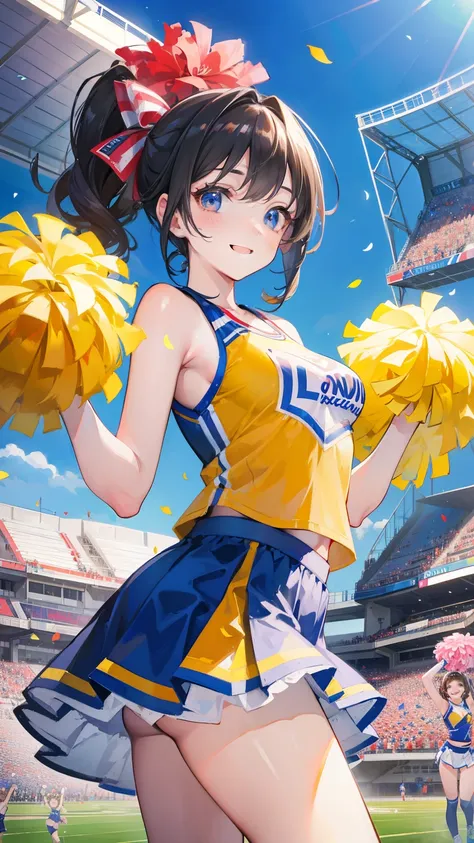 Young ladies in cheerleading uniforms waving flower balls in the air, Still life with detailed realism, Meticulous, Dynamic outdoor shooting, cheerleading costumes, smile, stadium