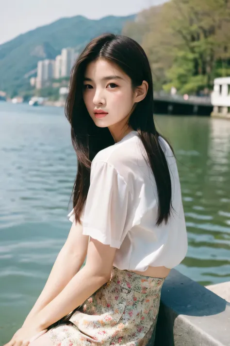 (( Best quality)), ((masterpiece)), (Film Aesthetics:1.4) Photo of a beautiful Korean fashion model by the lake in spring