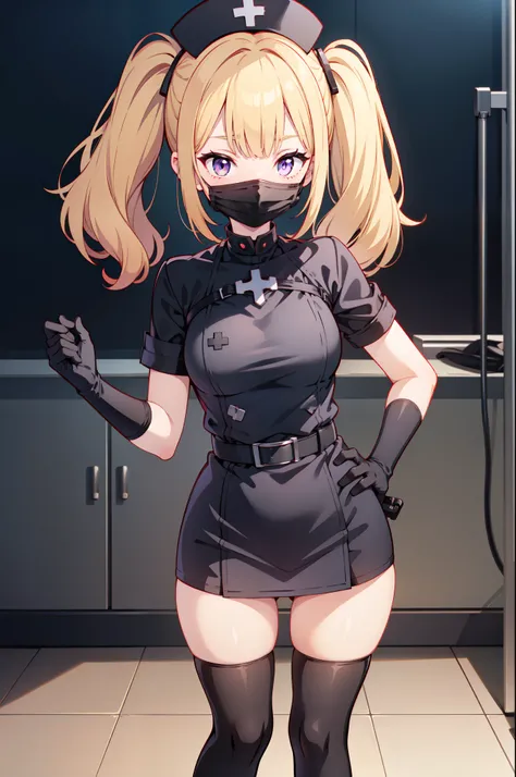 black nurse, 1girl, solo, black nurse cap, black nurse uniform, ((black legwear, zettai ryouiki)), black elbow gloves, twintails, yellow hair, purple eyes, ((black surgical mask, covered nose)), standing, ((surgery room)), sharp outline, short sleeves, bes...