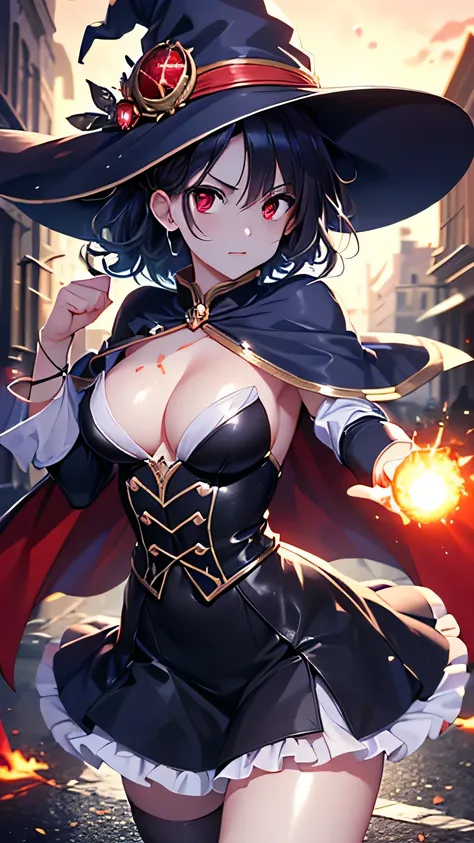 (cowboy shot), (medium breasts), Perfect Face, Symmetrical face, (shiny skin:1.6), (glossy skin:1.6), break, ((blue Left eye, red right eye)), sexy, (cute witch, witch hat, witch mantle, cute frills magical girl costume, ancient Defensive posture, slowly a...