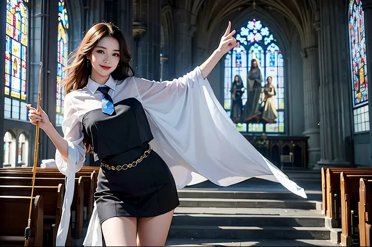  best quality　masterpiece　 Details　 The moment a super beautiful woman lifts up a tie with a smile　Boat fishing 　Photo style　 imaginary　 fantasy standing in a church