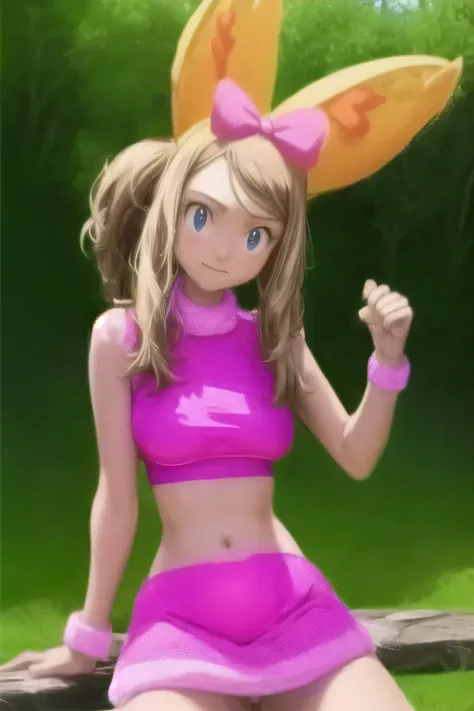 pkmnserena, 1girl, solo, blue eyes, blonde hair, super realistic human, long hair, ponytail, sidelocks, bangs, pink hairband, bow hairband, hair bow, pink bow, pink shirt, real life image, crop top, sleeveless, turtleneck, pink skirt, miniskirt, midriff, b...