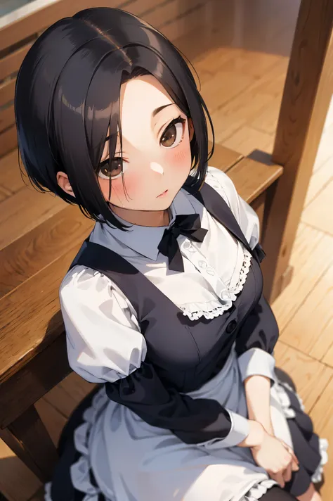 NSFW,masterpiece, best quality, high definition , very detailed,Ah-rinko 、 shorthair、 black hair、 bob cut , maid outfit , Maid Katyusha,Embarrassed,blush,Wisdom face,Looking up, from above, coffee shop