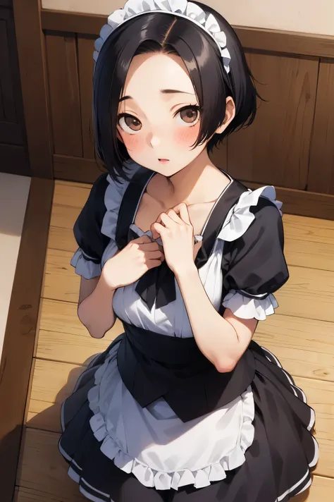 NSFW,masterpiece, best quality, high definition , very detailed,Ah-rinko 、 shorthair、 black hair、 bob cut , maid outfit , Maid Katyusha,Embarrassed,blush,Wisdom face,Looking up, from above, coffee shop