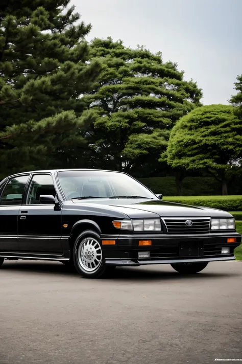 4K,   Masterpiece ,  high definition ,  photoshoot,  1990S TOYOTA CROWN,  Black Color  , CLASSIC SEDAN , Tokyo,  PARK NEAR THE STREET 