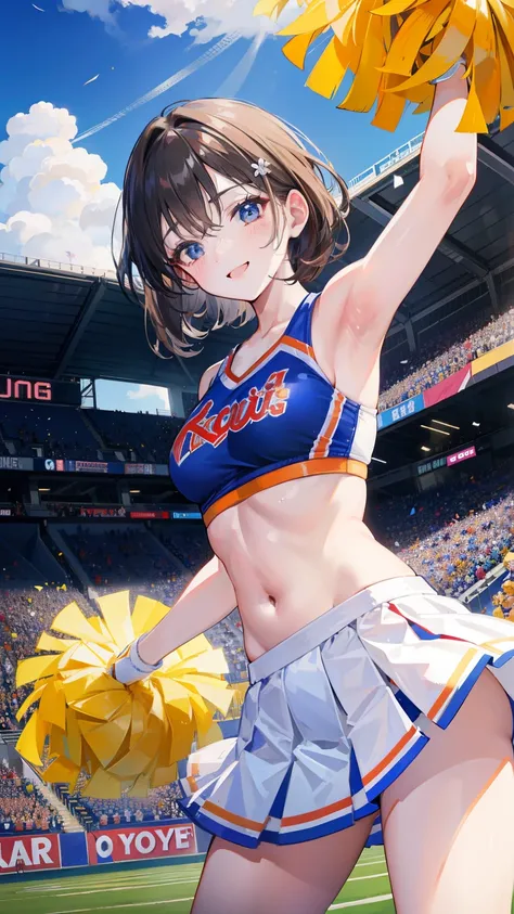 Young ladies in cheerleading uniforms waving flower balls in the air, Still life with detailed realism, Meticulous, Dynamic outdoor shooting, cheerleading costumes, smile, stadium