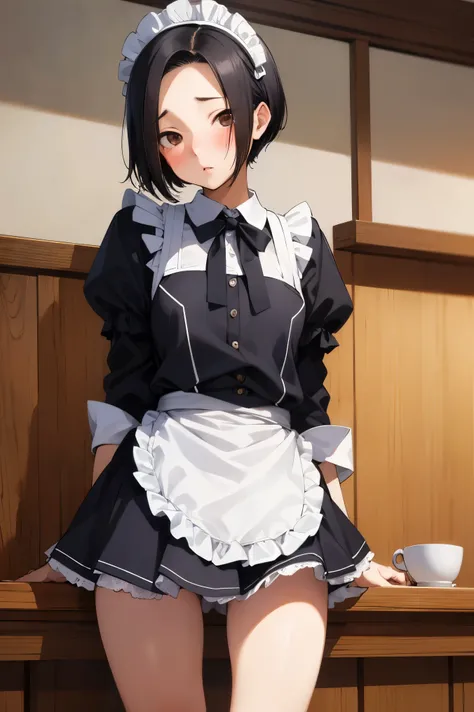 NSFW,masterpiece, best quality, high definition , very detailed,Ah-rinko 、 shorthair、 black hair、 bob cut , maid outfit , Maid Katyusha,Embarrassed,blush,Wisdom face, coffee shop