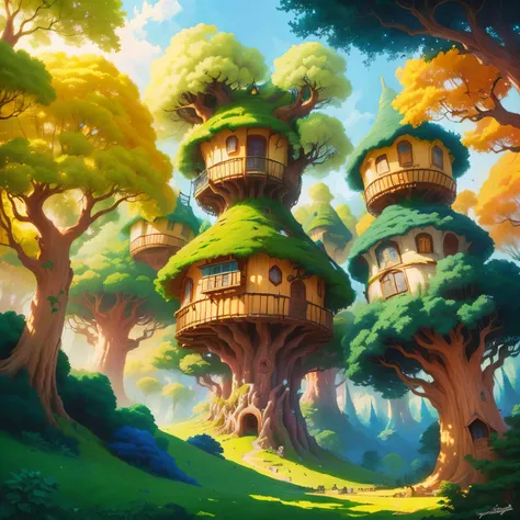 a painting of a tree house in the middle of a forest, City tree , Made of fantasy tree and valley , background art, Arte de paisagem de fantasia whimsical,  stylized concept art , fantasy matte painting，, tree house,  inspired by Jacek Yerka , background a...