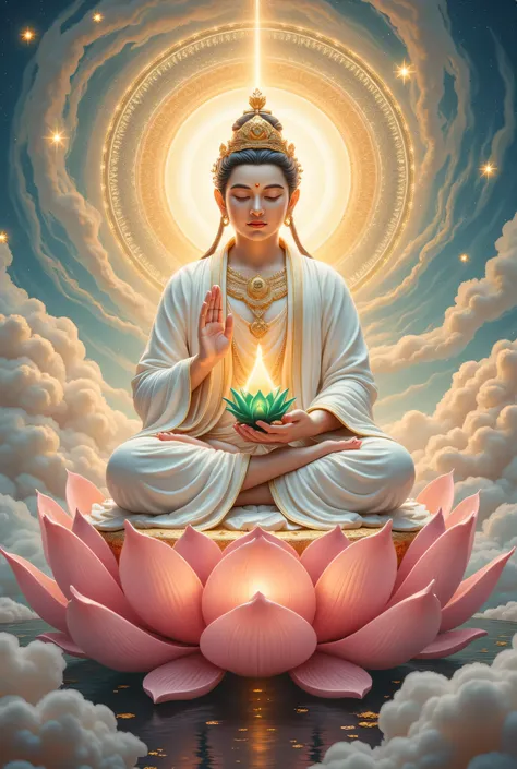 Create a detailed depiction of Akasagarbha Bodhisattva (The Void Hides the Bodhisattva), seated gracefully on a blooming pink lotus throne with intricate petals radiating light. He wears flowing white robes accented with golden trims and elaborate ornament...
