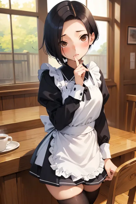 NSFW,masterpiece, best quality, high definition , very detailed,Ah-rinko 、 shorthair、 black hair、 bob cut , maid outfit , Maid Katyusha,Embarrassed,blush,Wisdom face, coffee shop,Cafe