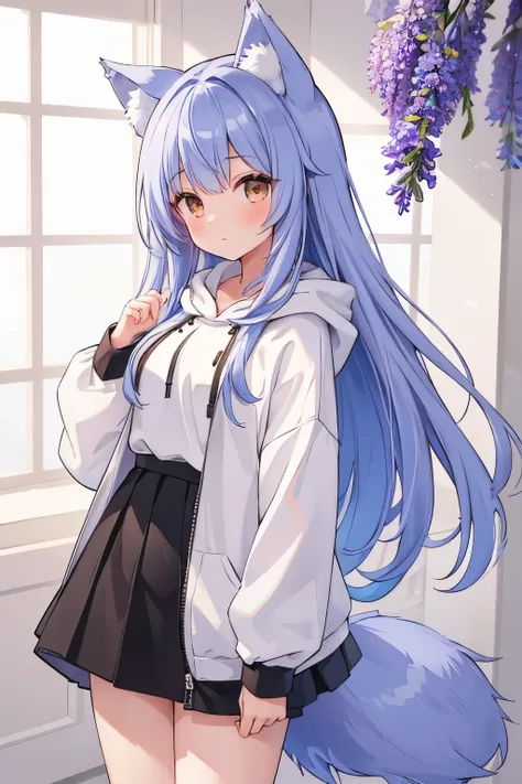 (( best quality)), (( high image quality)), ((masterpiece)), ( Details),  1 girl , Ice lavender hair,Wolf ears and tail, Brown Eyes,  long hair,  black skirt,  white hoodie 