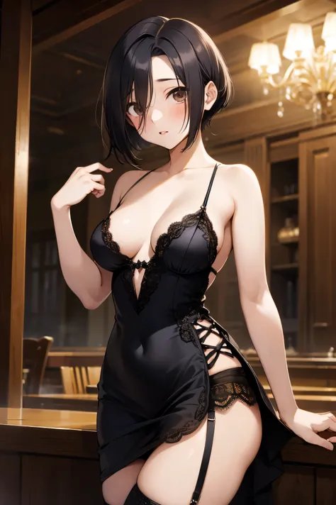 NSFW,masterpiece, best quality, high definition , very detailed,Ah-rinko 、 shorthair、 black hair、 bob cut 、( evening dress:1.5), Garter Straps ,Luxurious mansion, chandeliers ,Embarrassed,blush