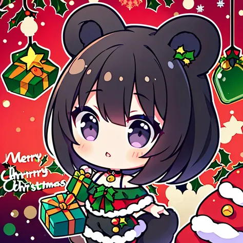 chibi, nendoroido, {worst quality, low-quality}, Anime artwork depicting a girls face within a vivid and abstract collage of colors and patterns. ((Bear-eared chemomimi girl:1.4)), (((Black short hair:1.3))), plump shiny lips, (beautiful purple eyes), Sant...