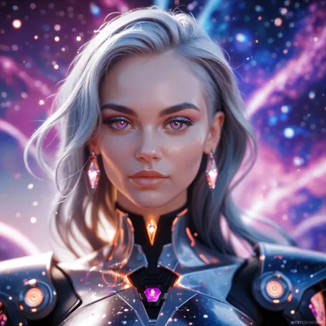 " With silver skin that pulsates like galactic energy ,  her violet eyes emanate infinite calm . Her hair shines like particles .  She wears liquid armor that reflects rainbows ,  surrounded by planetary rings and flows of cosmic energy." 8k