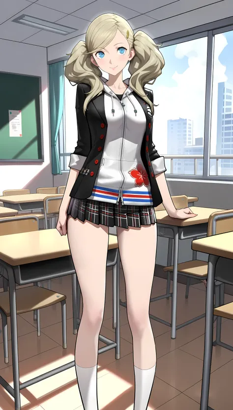 (masterpiece,best quality:1.2,amazing quality,very aesthetic,absurdres,newest),official style,(Anne Takamaki,persona5),(adult),(very small head:1.2), blonde hair, twin tails、long hair,gorgeous eyes,blue eyes,smile,(ideal ratio body proportions:1.2,slender ...