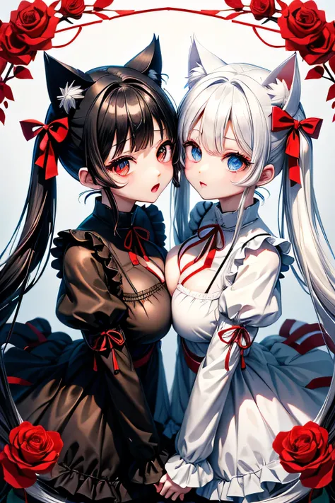  real、 black hair、Black clothes、Red eyes、 red ribbon 、 twin tails、Cat ears、 big breasts、clear。Second Person　twins　 real、White Hair、White clothes、 blue eyes、 Blue Ribbon、 twin tails、Cat ears、 big breasts、Tsundere。