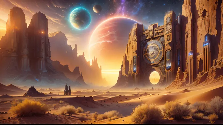  there is a clock tower in the desert with planets in the background,  science-fiction fantasy wallpaper, Fantasy and science fiction art , Matte sci-fi fantasy painting ,  Epic science fantasy illustration ,  science fiction art , sci fi art, 80s style To...