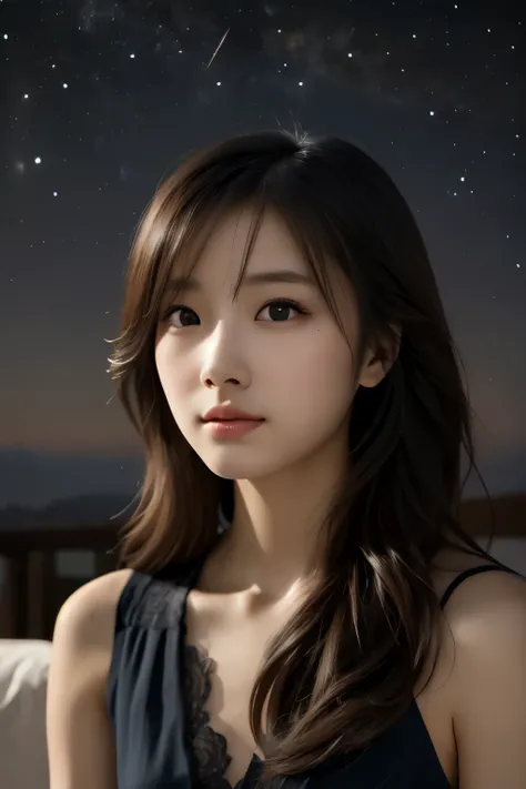 (photorealism:1.2), (black night sky), a beautiful japanese girl, long hair with bangs, watching stars, intricate details, dramatic, cinematic, soft lighting