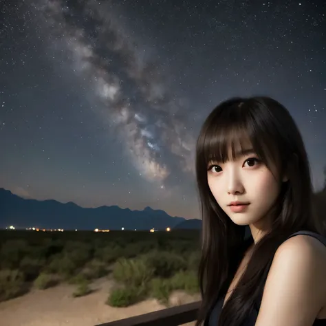 (photorealism:1.2), (black night sky), a beautiful japanese girl, long hair with bangs, watching stars, intricate details, dramatic, cinematic, soft lighting, long shot