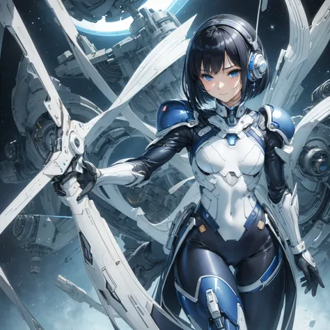 (masterpiece、 best quality、 highest resolution、Clear_image、Detailed details): (Whole body、A 20 year old girl、Japanese Faces、 small face、 slender、 dark blue super short bob cut hair、(Hidden small breasts:1.3)、 Sparkling Blue Eyes 、Shiny pilot suit in white,...