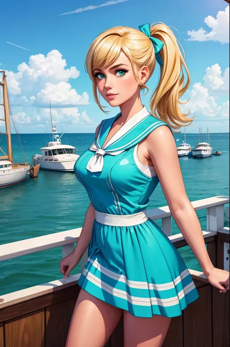 A young woman with blonde hair styled in a ponytail, green eyes bright, wearing a 1960s sailor-inspired dress with a blue-and-white color scheme and ribbon accents. She stands on a pier with vintage boats in the background under a clear blue sky. Crisp lig...