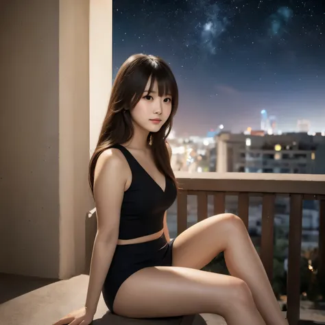 (photorealism:1.2), (black night sky), a beautiful japanese girl, long hair with bangs, watching stars, intricate details, dramatic, cinematic, soft lighting, long shot, sitting on a balcony, low angle, big thighs, chubby