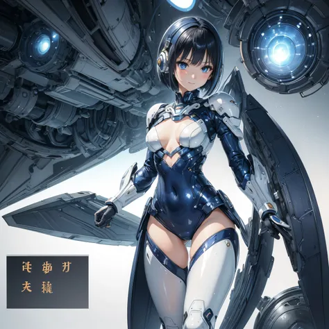 (masterpiece、 best quality、 highest resolution、Clear_image、Detailed details): (Whole body、A 20 year old girl、Japanese Faces、 small face、 slender、 dark blue super short bob cut hair、(Hidden small breasts:1.3)、 Sparkling Blue Eyes 、Shiny pilot suit in white,...