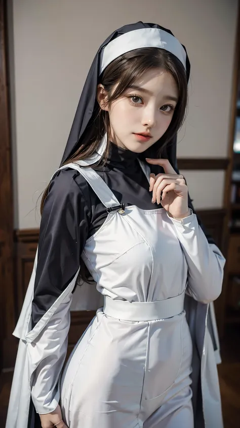 close up of a woman in a nun costume posing for a picture, nun outfit, anime girl cosplay, nun fashion model, anime cosplay, hyper realistic anime, ultrarealistic sweet bunny girl, cosplay, anime girl in a maid costume, hyperrealistic schoolgirl, nun, anim...