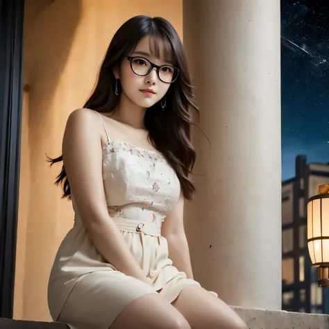 (photorealism:1.2), (black night sky), a beautiful japanese girl, long hair with bangs, watching stars, intricate details, dramatic, cinematic, soft lighting, long shot, sitting on a balcony, low angle, big thighs, chubby, night, white skin, wearing glasse...