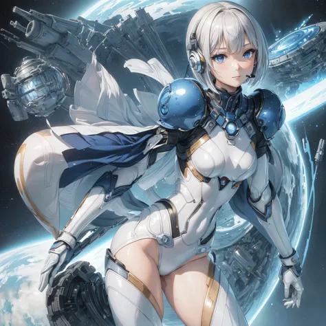 (masterpiece、 best quality、 highest resolution、Clear_image、Detailed details): (Whole body、A 20 year old girl、Japanese Faces、 small face、 slender、 dark blue super short bob cut hair、(Hidden small breasts:1.3)、 Sparkling Blue Eyes 、Shiny pilot suit in white,...